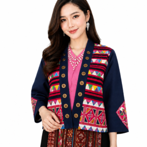 เสื้อคลุมผ้าใยกัญชงแต่งผ้าชาวเขาปักมือ ด้านหลังผ้าใยกัญชง สีธรรมชาติ งานแฮนด์เมด RedCraft SB02