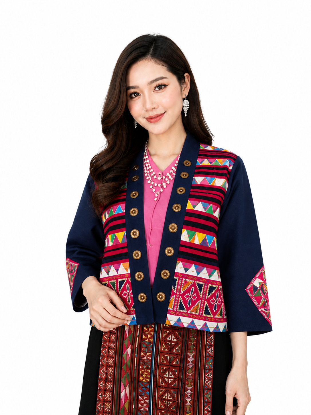 เสื้อคลุมผ้าใยกัญชงแต่งผ้าชาวเขาปักมือ ด้านหลังผ้าใยกัญชง สีธรรมชาติ งานแฮนด์เมด RedCraft SB02