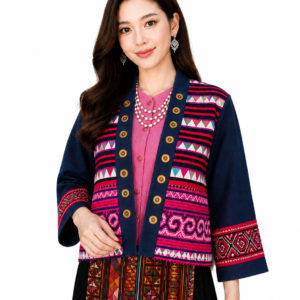 เสื้อคลุมผ้าใยกัญชงแต่งผ้าชาวเขาปักมือ ด้านหลังผ้าใยกัญชง สีธรรมชาติ งานแฮนด์เมด RedCraft SB03