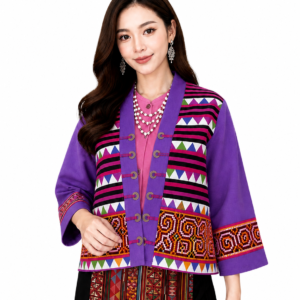 เสื้อคลุมผ้าใยกัญชงแต่งผ้าชาวเขาปักมือ ด้านหลังผ้าใยกัญชง สีธรรมชาติ งานแฮนด์เมด RedCraft SB04