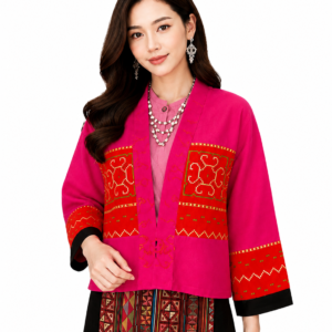 เสื้อคลุมผ้าใยกัญชงแต่งผ้าชาวเขาปักมือ ด้านหลังผ้าใยกัญชง สีธรรมชาติ งานแฮนด์เมด RedCraft SB05