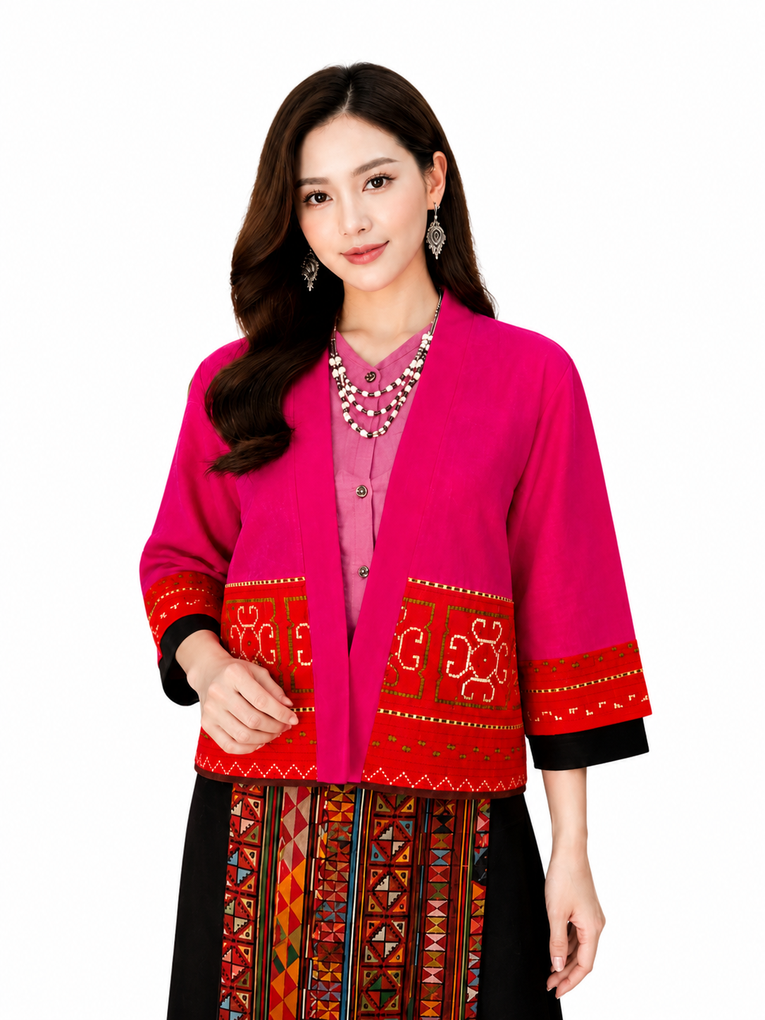 เสื้อคลุมผ้าใยกัญชงแต่งผ้าชาวเขาปักมือ ด้านหลังผ้าใยกัญชง สีธรรมชาติ งานแฮนด์เมด RedCraft SB06