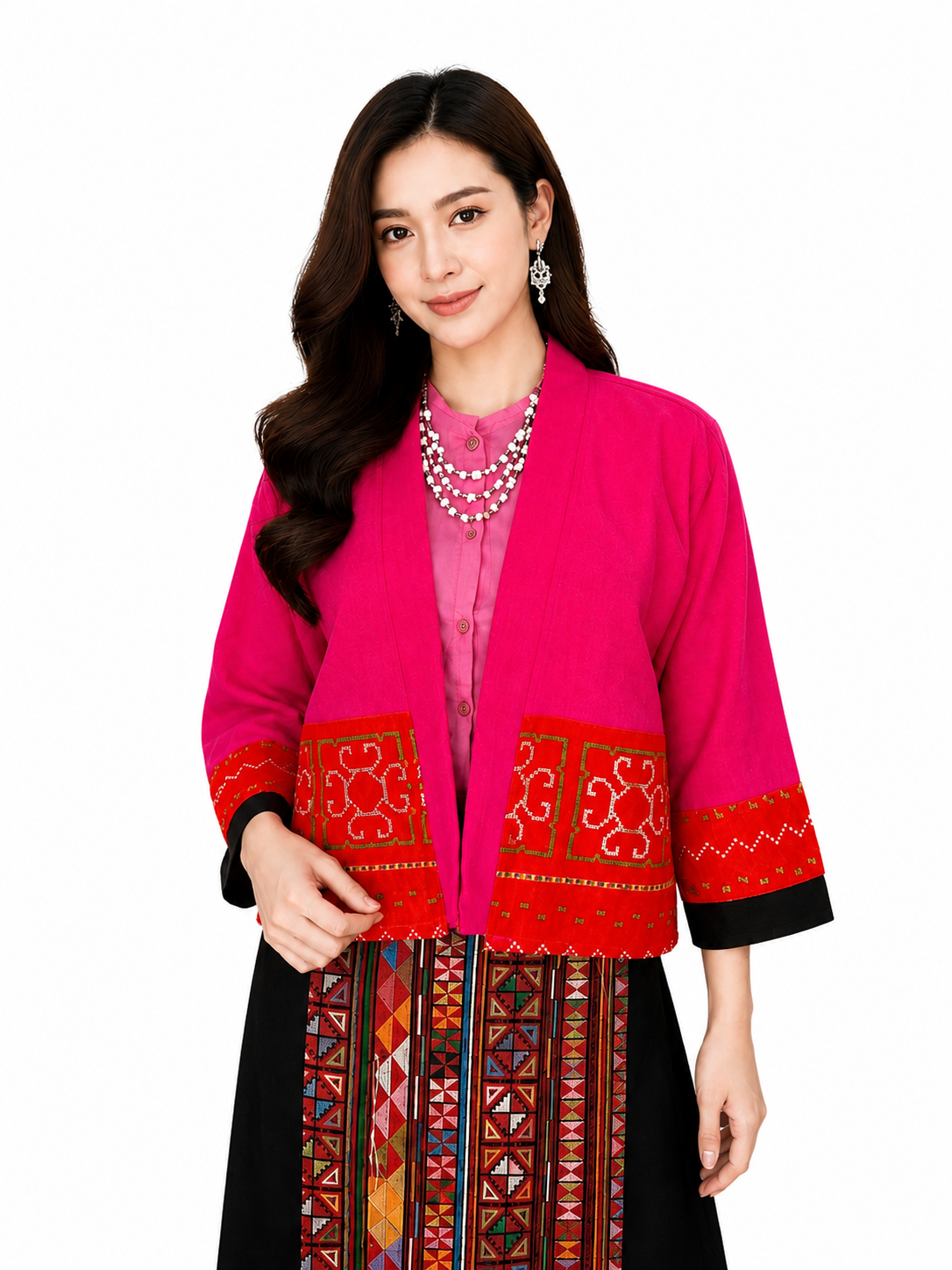 เสื้อคลุมผ้าใยกัญชงแต่งผ้าชาวเขาปักมือ ด้านหลังผ้าใยกัญชง สีธรรมชาติ งานแฮนด์เมด RedCraft SB07