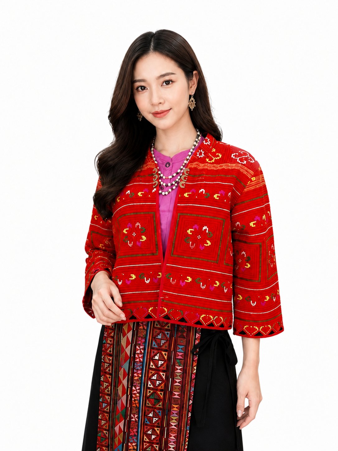 เสื้อคลุมผ้าใยกัญชงแต่งผ้าชาวเขาปักมือ ด้านหลังผ้าใยกัญชง สีธรรมชาติ งานแฮนด์เมด RedCraft SB10