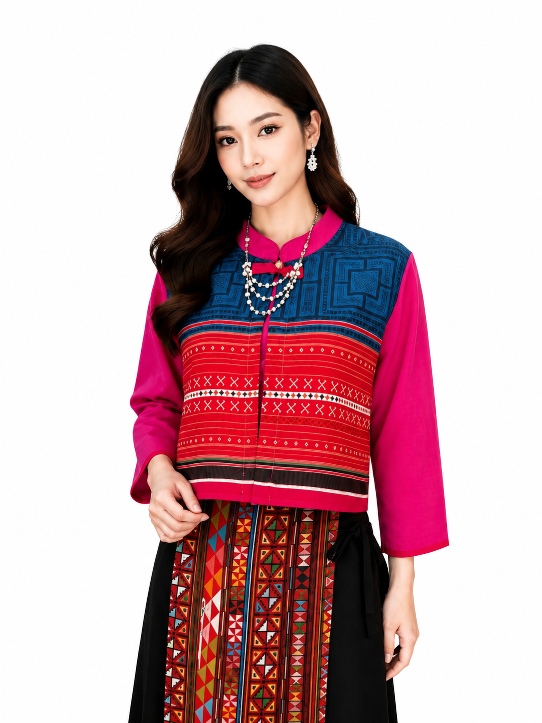 เสื้อคลุมผ้าใยกัญชงแต่งผ้าชาวเขาปักมือ ด้านหลังผ้าใยกัญชง สีธรรมชาติ งานแฮนด์เมด RedCraft SB14