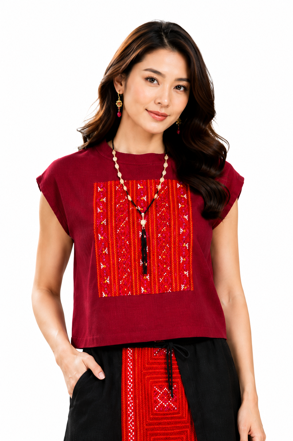 เสื้อครอปผ้าใยกัญชงแต่งผ้าชาวเขา SC07