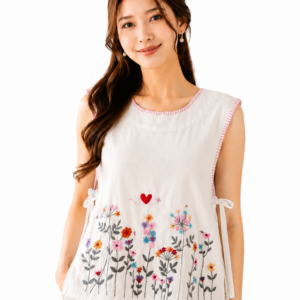 เสื้อผ้าฝ้ายผูกข้างปักมือ งานแฮนด์เมด ผ้าฝ้ายใส่สบาย ดีไซน์ผูกข้าง ลายปักดอกไม้สวยงาม รุ่น ST02
