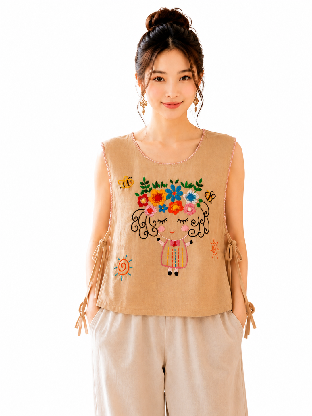 เสื้อผ้าฝ้ายผูกข้างปักมือ งานแฮนด์เมด ผ้าฝ้ายใส่สบาย ดีไซน์ผูกข้าง ลายปักดอกไม้สวยงาม รุ่น ST07