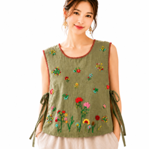 เสื้อผ้าฝ้ายผูกข้างปักมือ งานแฮนด์เมด ผ้าฝ้ายใส่สบาย ดีไซน์ผูกข้าง ลายปักดอกไม้สวยงาม รุ่น ST08