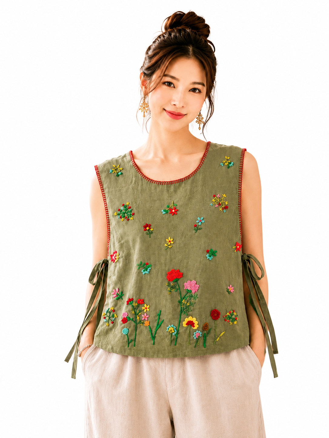 เสื้อผ้าฝ้ายผูกข้างปักมือ งานแฮนด์เมด ผ้าฝ้ายใส่สบาย ดีไซน์ผูกข้าง ลายปักดอกไม้สวยงาม รุ่น ST08