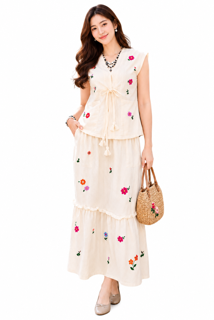 ชุดเสื้อและกระโปรงผ้าฝ้ายลายวินเทจ SS04