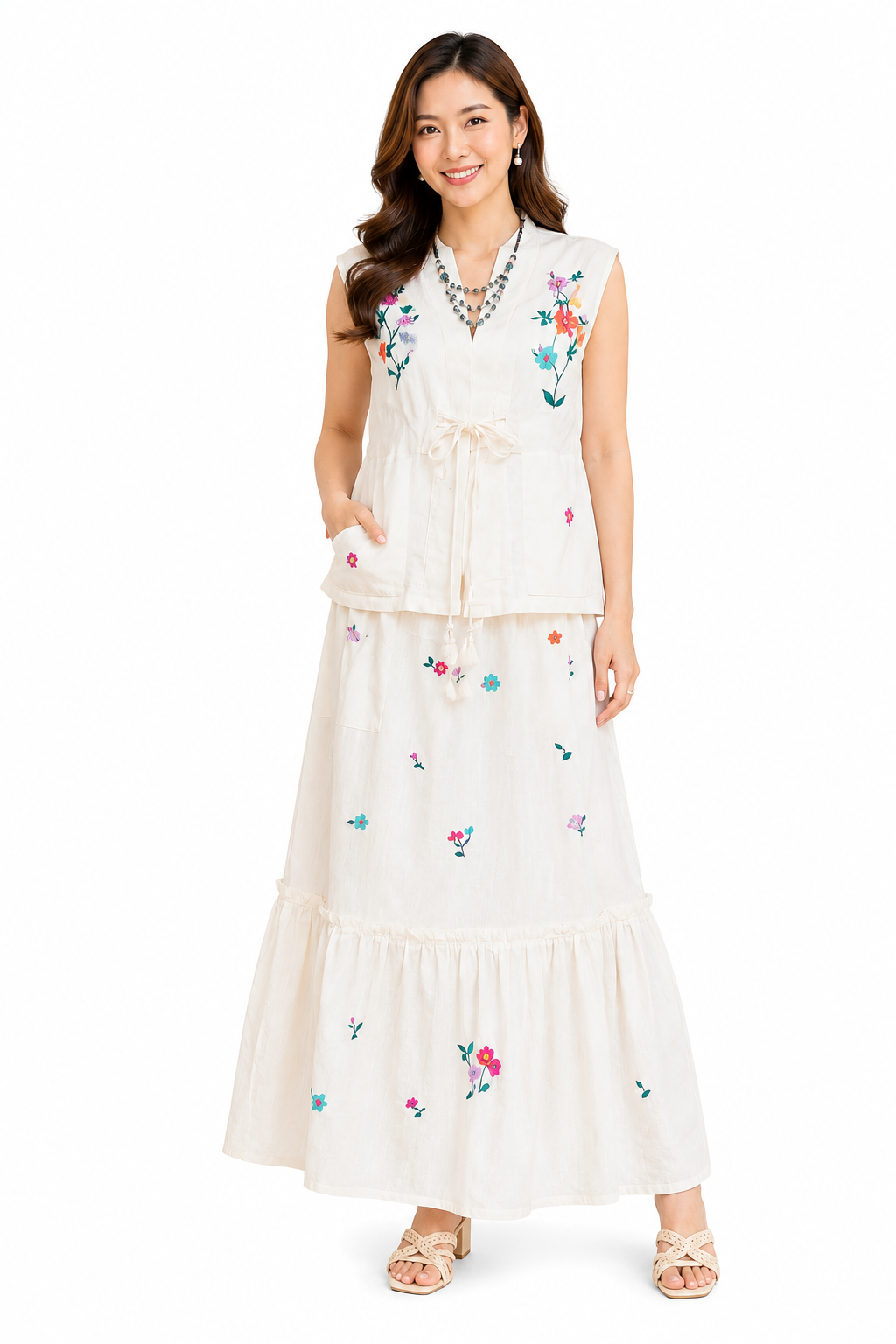 ชุดเสื้อและกระโปรงผ้าฝ้ายลายวินเทจ SS20