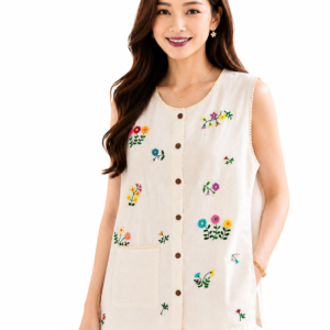 เสื้อผ้าฝ้ายปักมือลายดอกไม้ สีครีม แขนกุด ผ้าฝ้ายธรรมชาติ รุ่น SL08