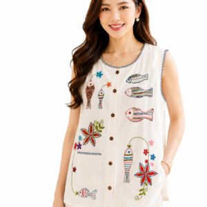 เสื้อผ้าฝ้ายปักมือลายปลา รุ่น River Blossom – SL09