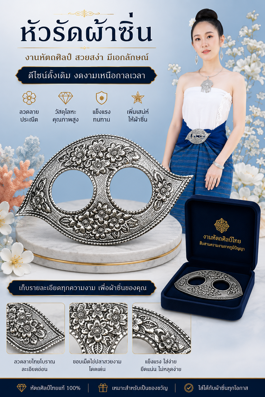 หัวรัดผ้าซิ่นงานหัตถศิลป์ไทย โลหะลายไทย สำหรับผ้าซิ่น ผ้าถุง และชุดพื้นเมือง ลวดลายประณีต คุณภาพดี