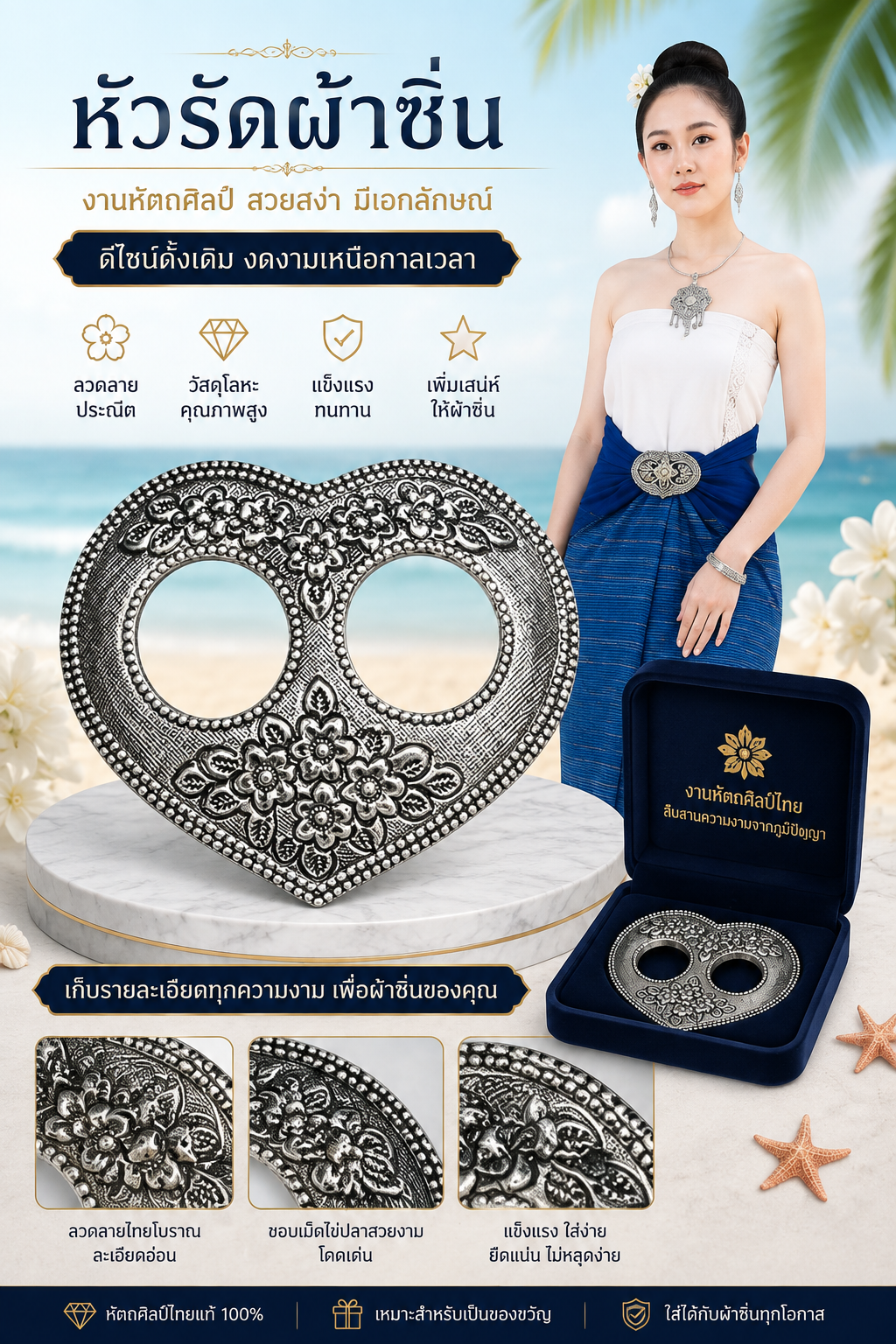 หัวรัดผ้าซิ่นงานหัตถศิลป์ไทย โลหะลายไทย สำหรับผ้าซิ่น ผ้าถุง และชุดพื้นเมือง ลวดลายประณีต คุณภาพดี