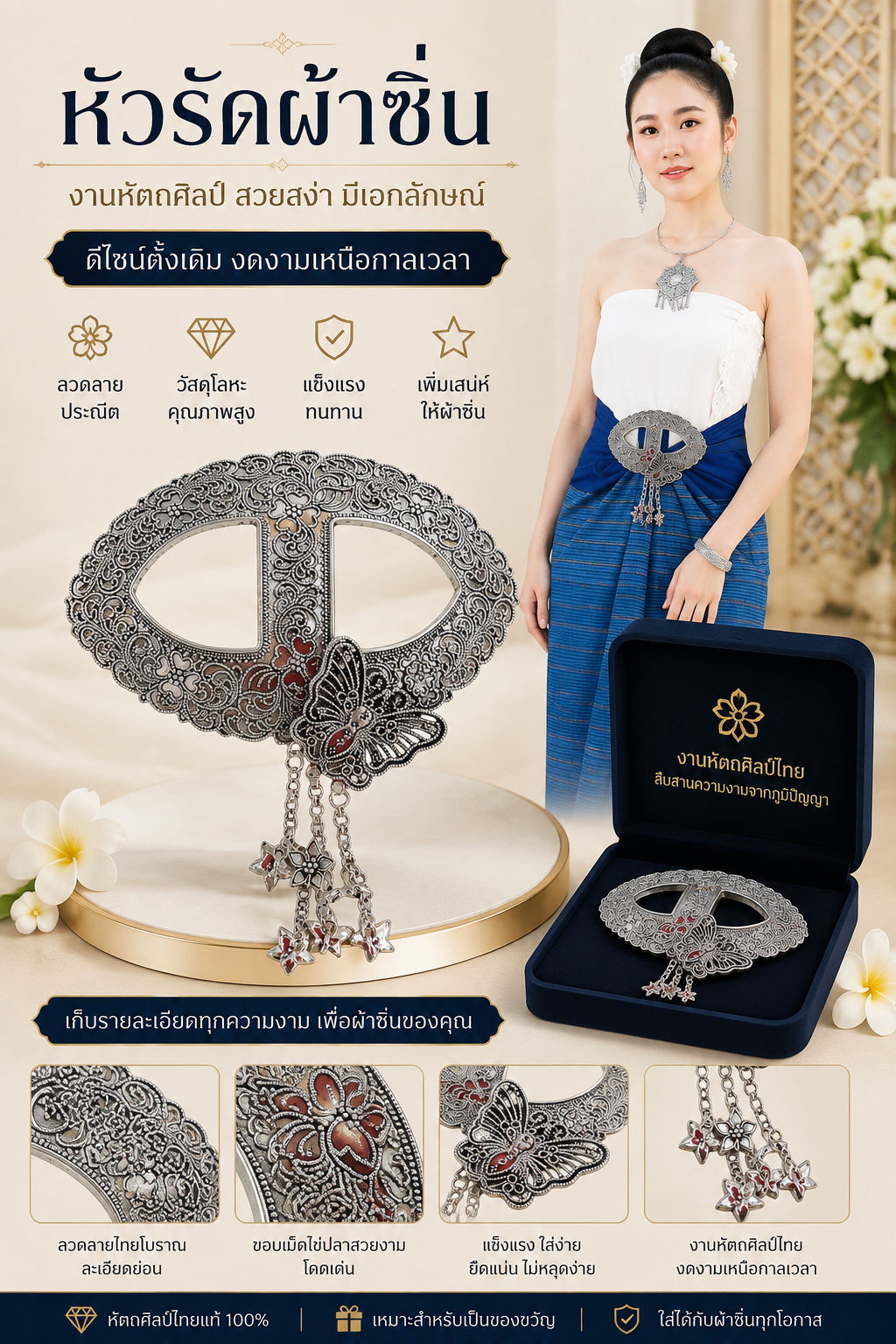 หัวรัดผ้าซิ่นงานหัตถศิลป์ไทย โลหะลายไทย สำหรับผ้าซิ่น ผ้าถุง และชุดพื้นเมือง ลวดลายประณีต คุณภาพดี
