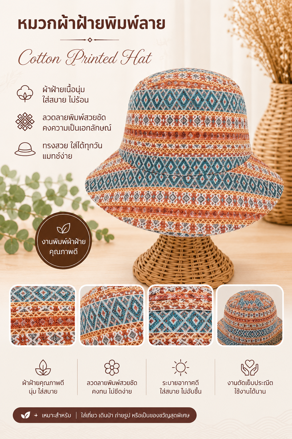 หมวกผ้าฝ้ายพิมพ์ลาย แฮนด์เมด สีสันสวยงาม ผลิตจากผ้าฝ้ายคุณภาพดี ทรงบักเก็ต สวมใส่สบาย ระบายอากาศ เหมาะสำหรับใส่เที่ยวและใช้งานทุกวัน