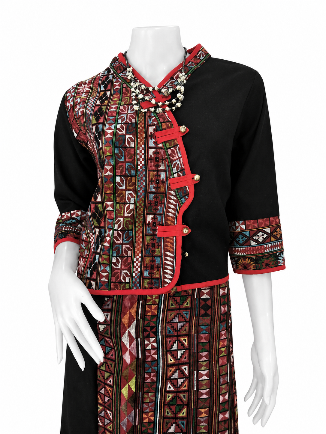 เสื้อเจ้านางผ้าใยกัญชงแต่งผ้าชาวเขางานฝีมือ ดีไซน์พื้นเมืองสำหรับผู้หญิง
