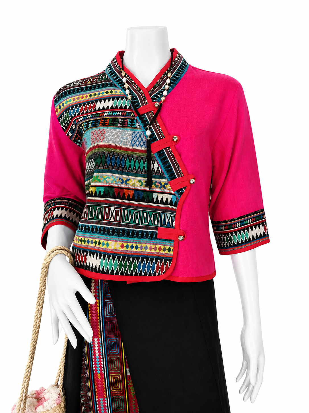 เสื้อเจ้านางผ้าใยกัญชงแต่งผ้าชาวเขางานฝีมือ ดีไซน์พื้นเมืองสำหรับผู้หญิง