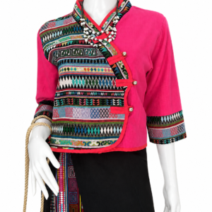 เสื้อเจ้านางผ้าใยกัญชงแต่งผ้าชาวเขางานฝีมือ ดีไซน์พื้นเมืองสำหรับผู้หญิง