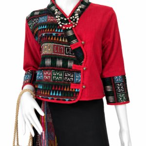 เสื้อเจ้านางผ้าใยกัญชงแต่งผ้าชาวเขางานฝีมือ ดีไซน์พื้นเมืองสำหรับผู้หญิง