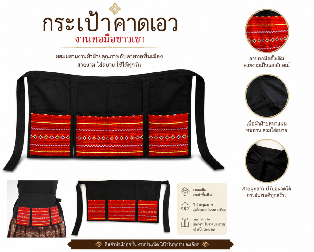 กระเป๋าคาดเอวผ้าฝ้ายทอมือ งานหัตถกรรมชาวเขา สีดำ ตกแต่งผ้าทอลวดลายพื้นเมือง 3 ช่อง สำหรับใส่ของใช้ในชีวิตประจำวัน