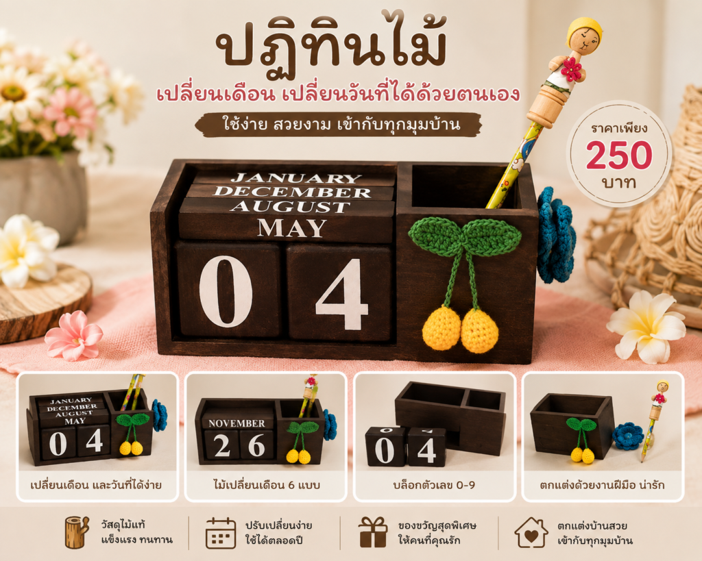 ปฏิทินไม้ตั้งโต๊ะเปลี่ยนวันที่และเดือนได้ ตกแต่งงานแฮนด์เมด พร้อมช่องใส่ปากกา